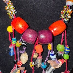Colorful wood and glass Beaded Necklace 
eclectic grandpa style on multicords